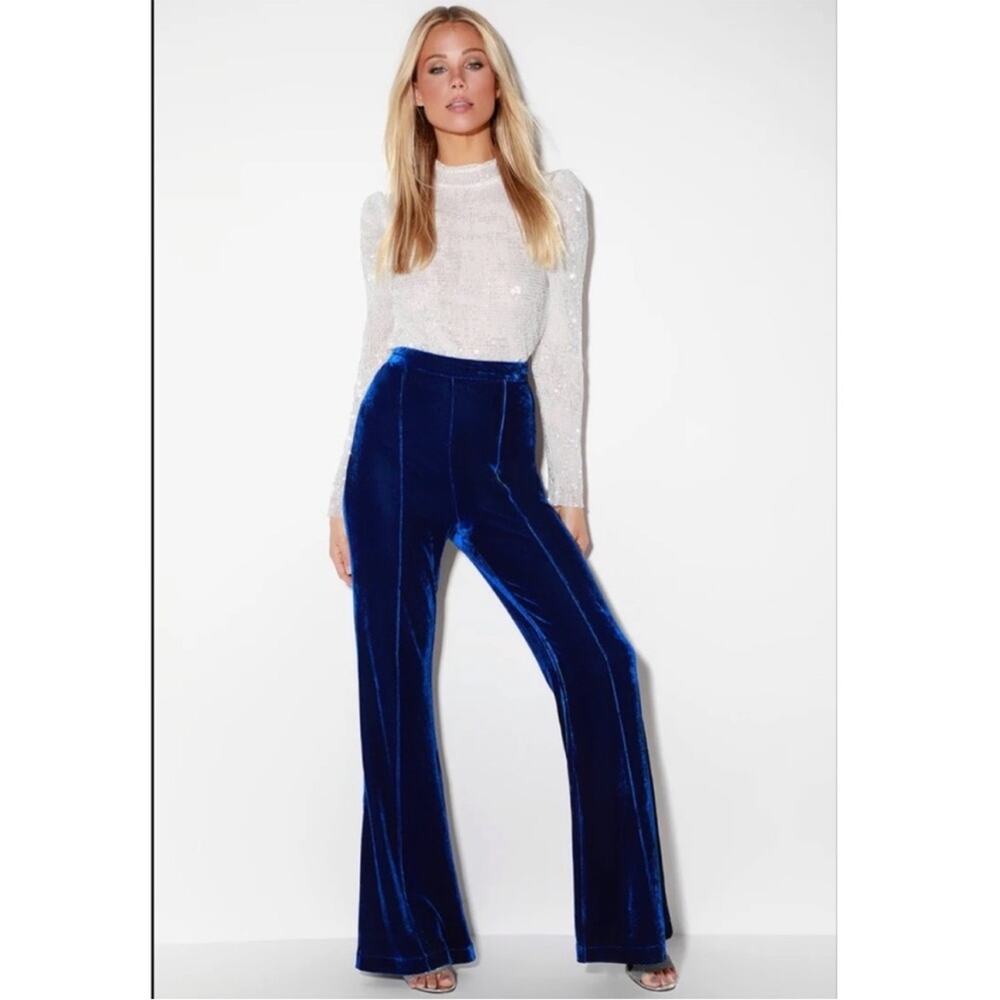 Lulus High Waisted Blue Velvet Flare Pants XS Festival Glam